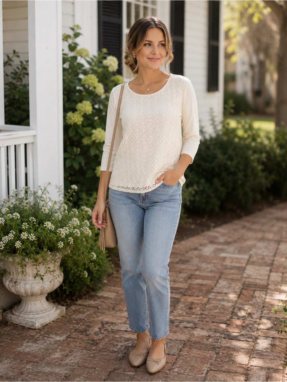 HALO Ivory Lace Overlay Top Size Large 3/4 Sleeve Keyhole Back Feminine Boho